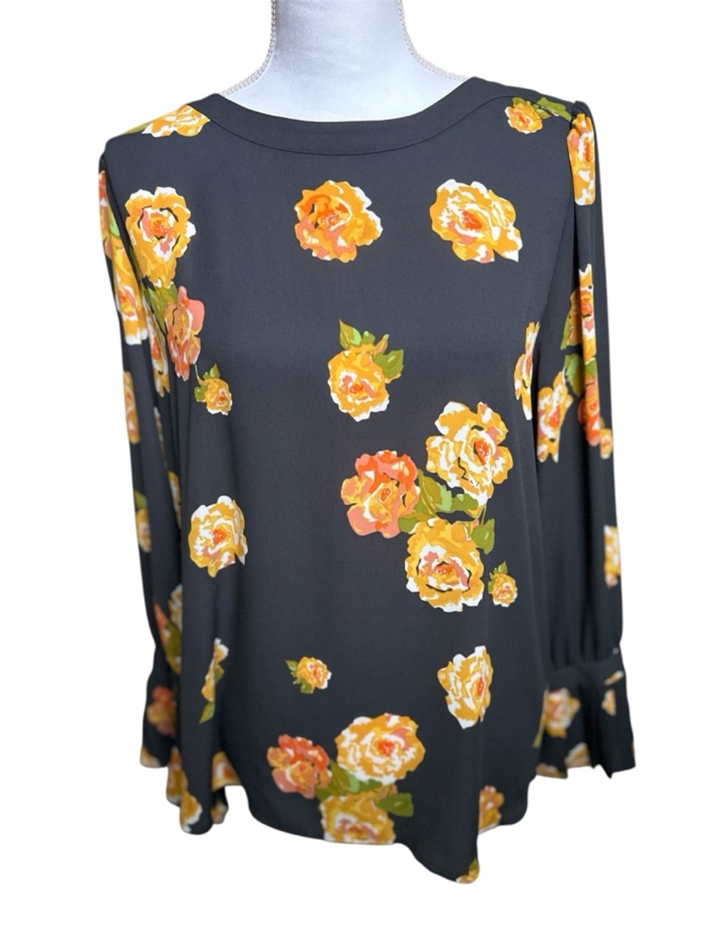 LOFT Charcoal Long-Sleeve Top with Yellow Floral Print